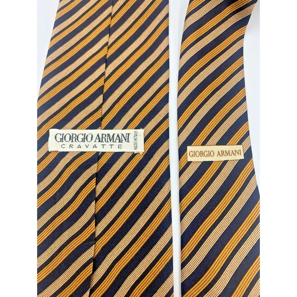Giorgio Armani CRAVATTE 100% Silk Men's Neck Tie, Blue Gold Stripe‎ Short 56.5